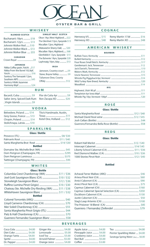 Drink Menu Union City – Ocean Oyster Bar & Grill